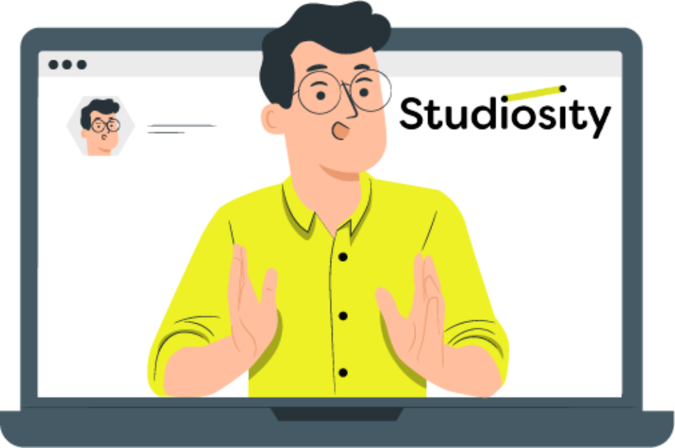 Decorative cartoon image of a learning advisor through a laptop screen